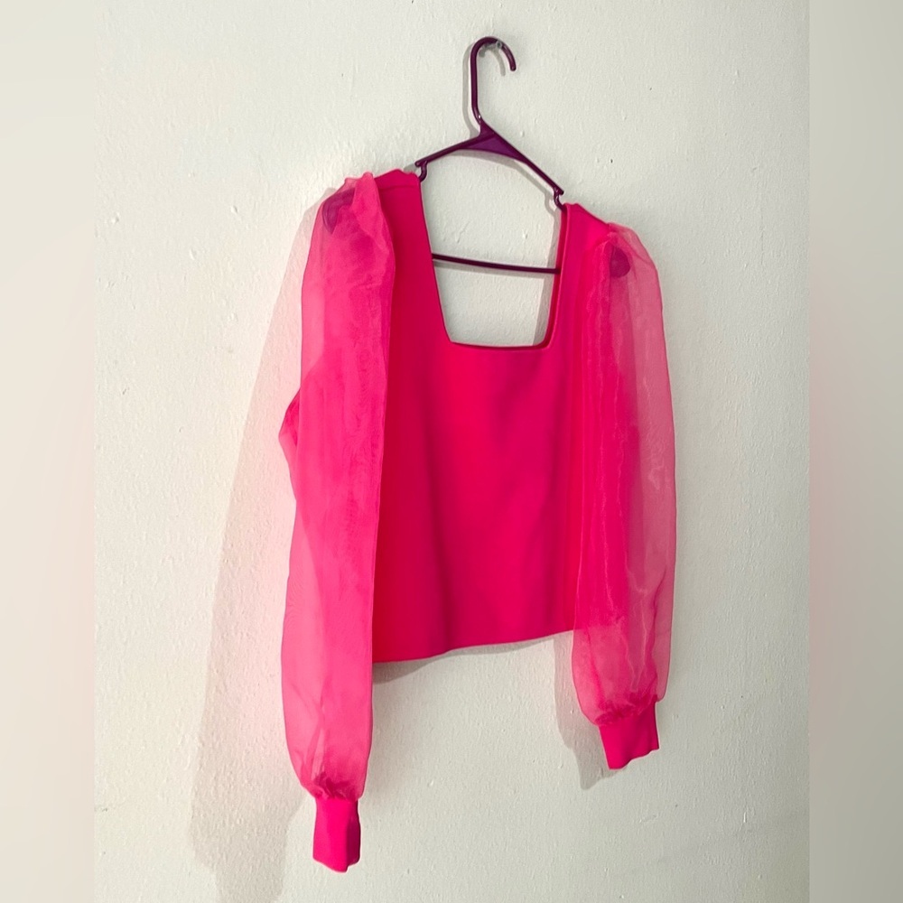 House of Harlow 1960 Hot Pink Puff-Sleeve Square Neck Top Size Large - Picture 3 of 8